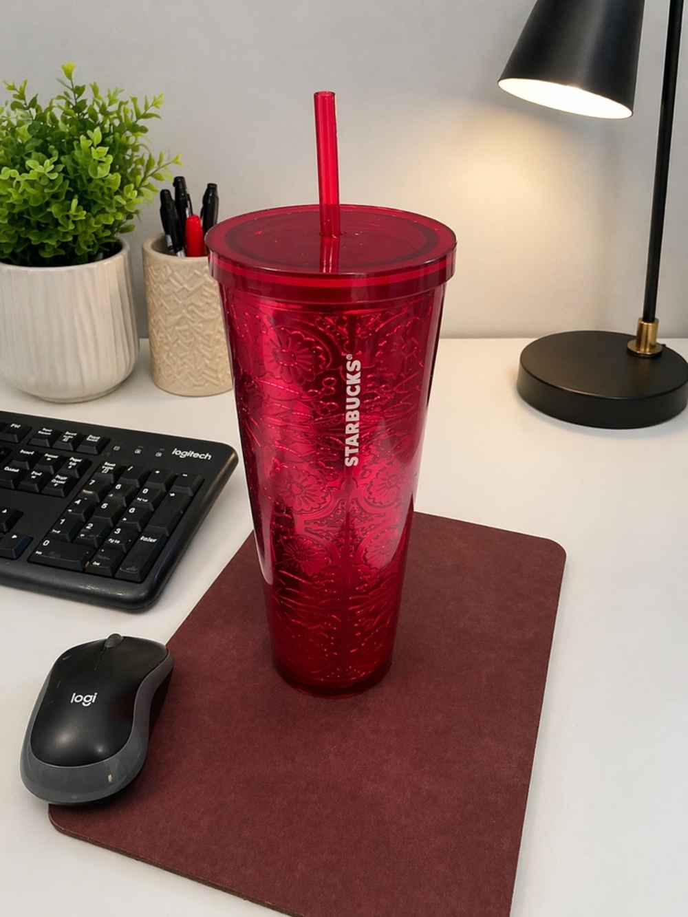 Starbucks 2017 Fuchsia Pink Embossed Metallic Floral Tin Foil Tumbler 24oz